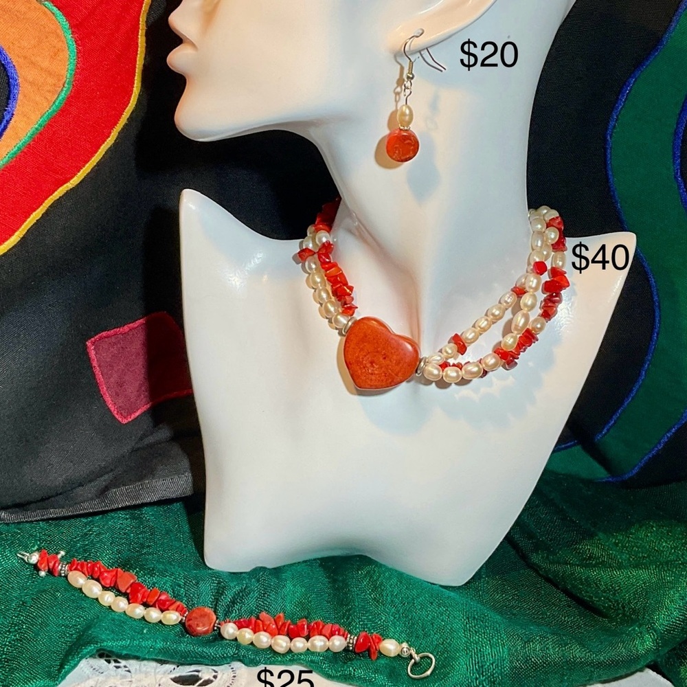 New artisan made Red Coral Heart and fresh=water Pearl Necklace